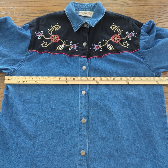 Rhythm Blue Vintage Shirt Western Denim Velvet Embroidered Floral Women L - Picture 8 of 14